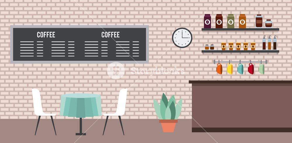 Coffee Shop Interior Table Chairs Menu Clock Cups Vector 1000x491 Coffee Shop Interior Table Chairs Menu Clock Cups Vector