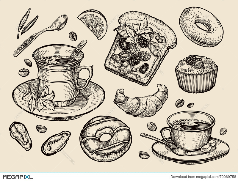 800x609 Fast Food Hand Drawn Sandwich, Dessert, Coffee Cup, Tea, Donut