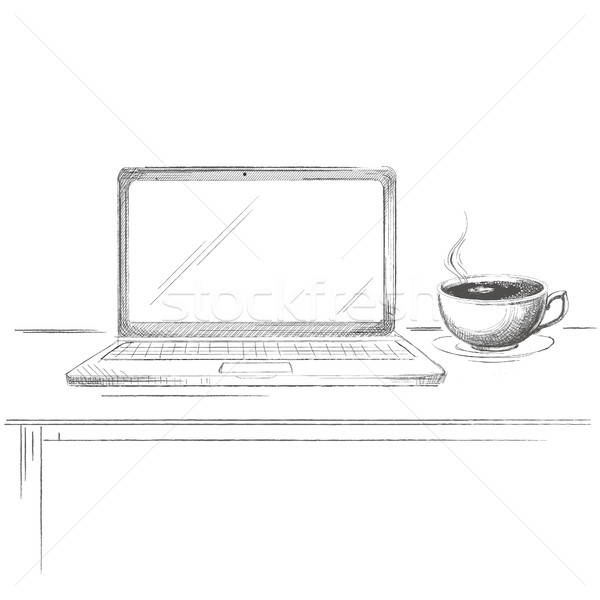 600x600 Hand Drawn Laptop With Coffee Sketch Vector Illustration