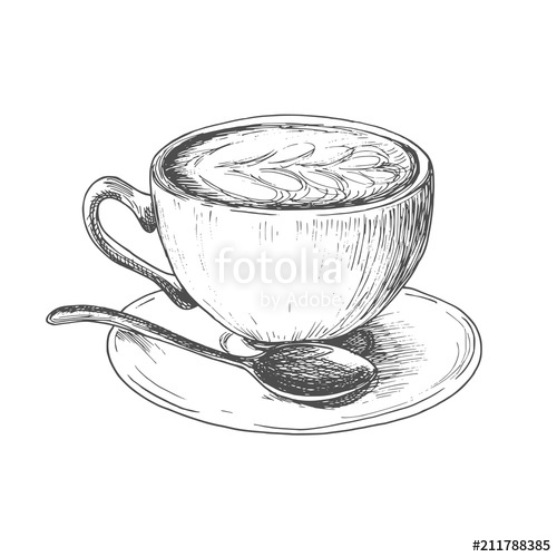 500x500 Sketch Ink Hatching Cup Of Cappuccino Coffee Illustration, Draft