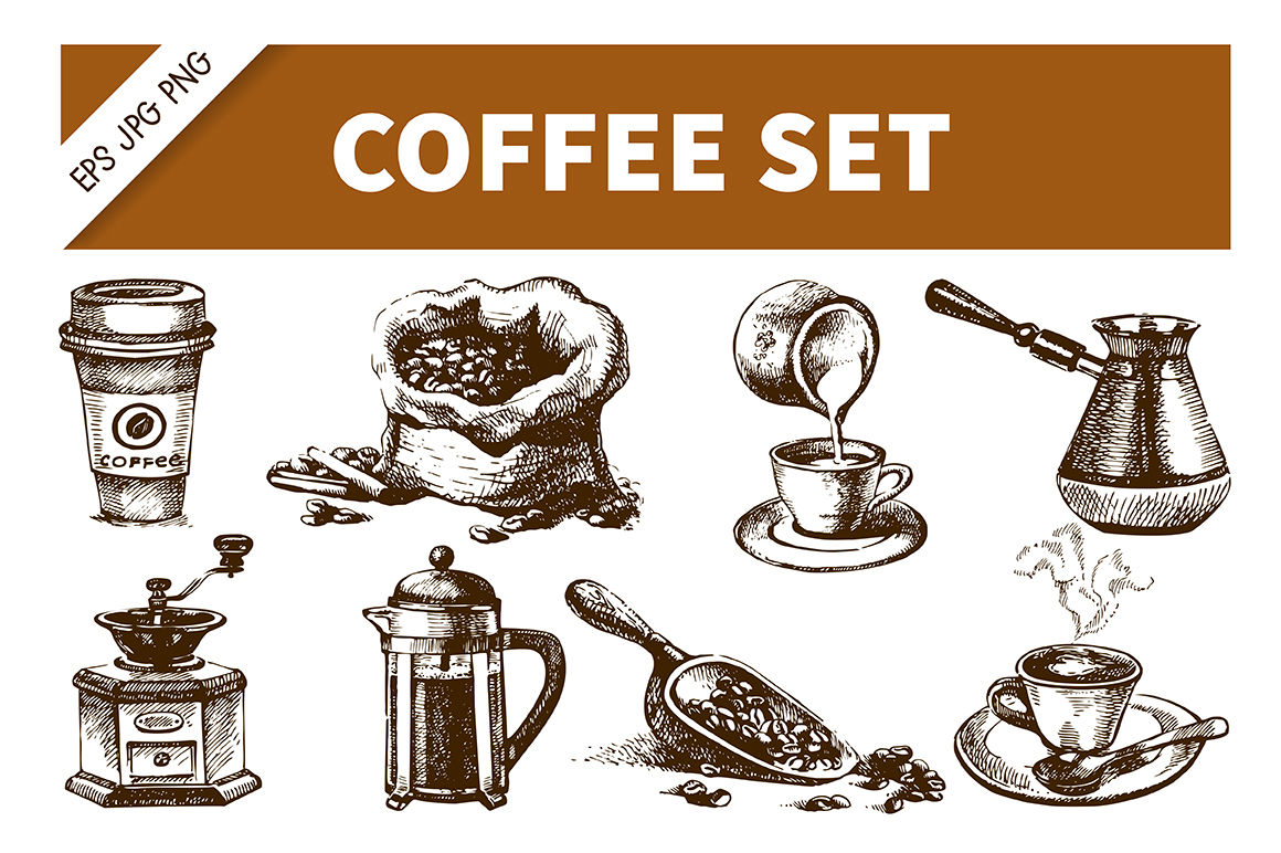 1160x772 Coffee Hand Drawn Sketch Vector Set