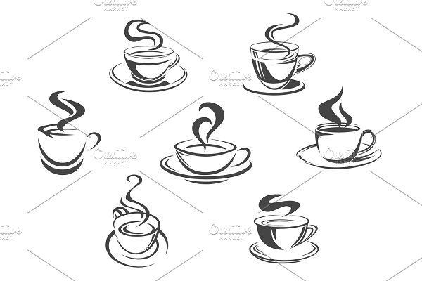 600x400 Coffee Cups Or Mugs Steam Vector Icons Set