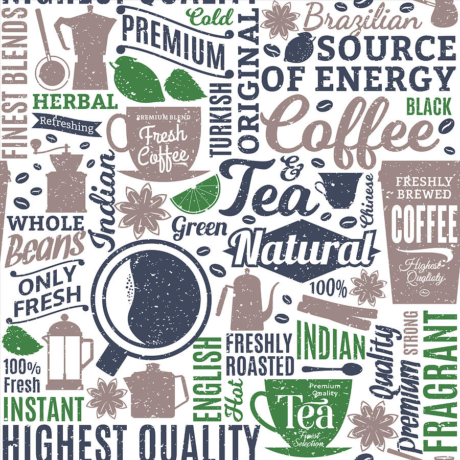 900x900 Retro Styled Typographic Vector Coffee And Tea Seamless Pattern