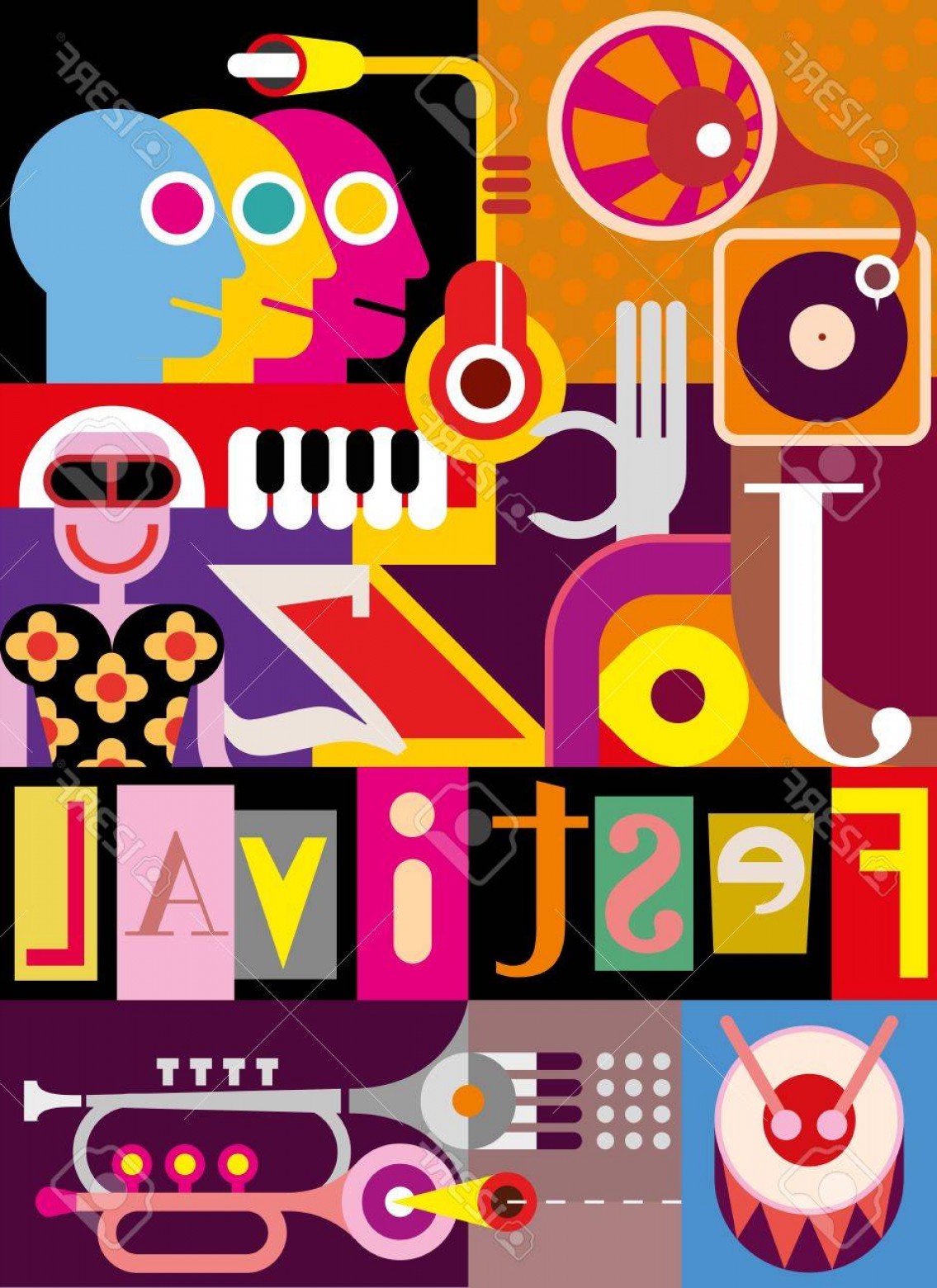 1135x1560 Photomusical Abstract Collage Vector Illustration With Musical