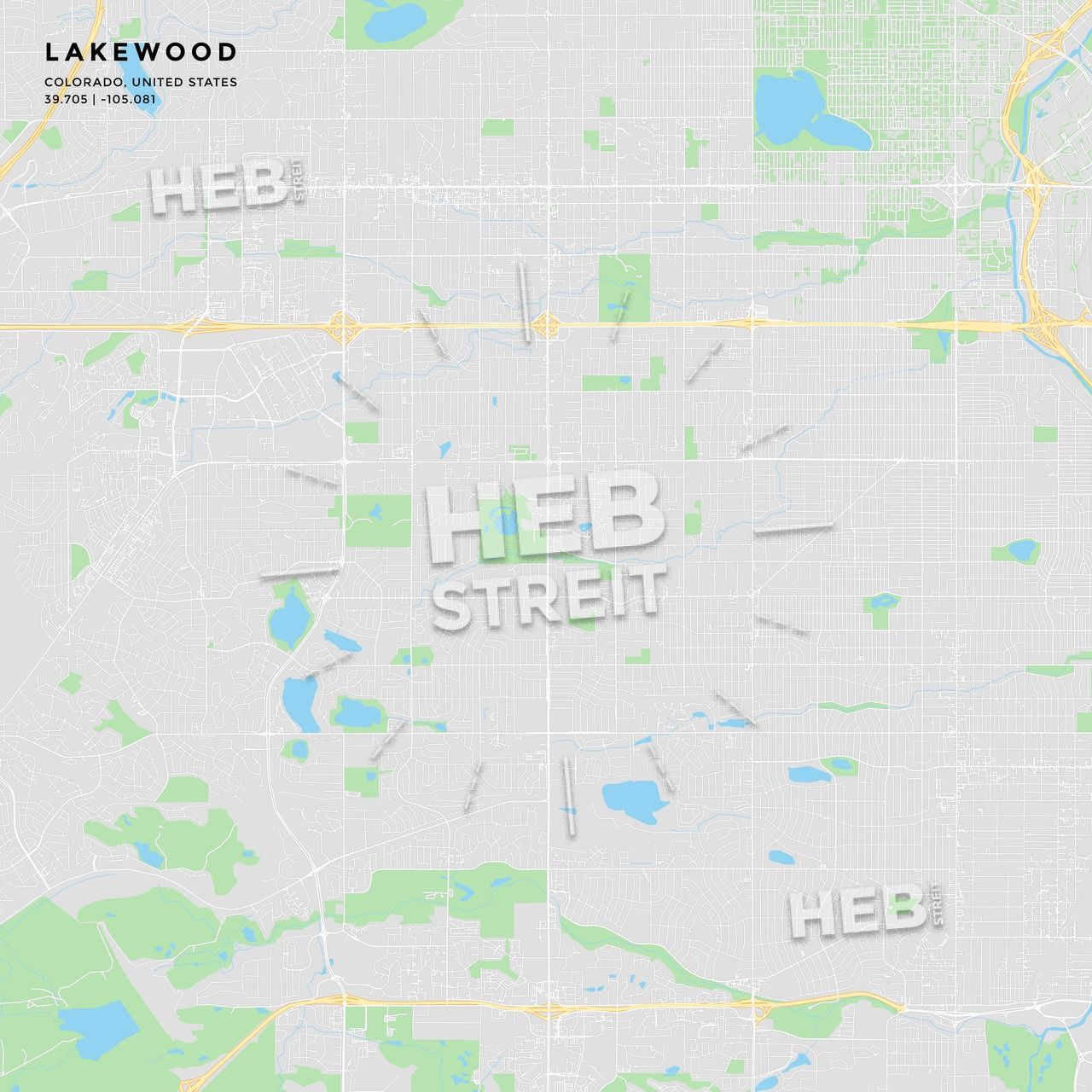 1280x1280 Printable Street Map Of Lakewood, Colorado Maps Vector Downloads