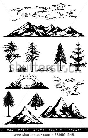 300x470 Hand Drawing Mountains Pines Clouds And Plants Vector Illustration