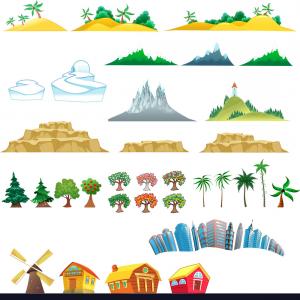 300x300 Set Of Trees Mountains Hills Islands And Buildings Vector Studiogrfx