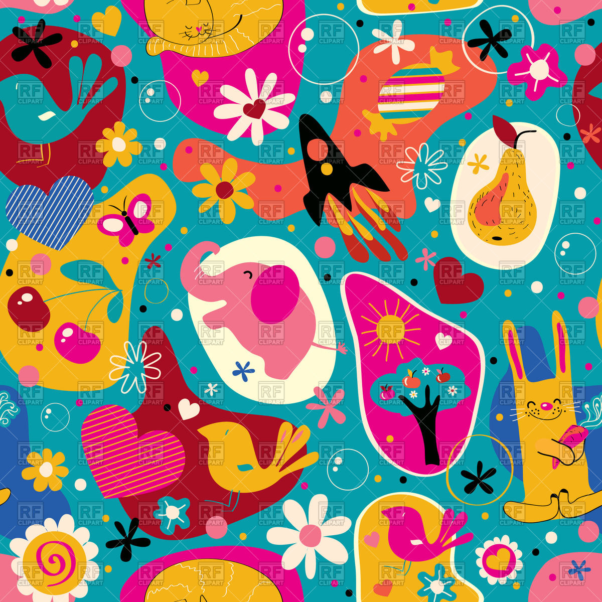Seamless Cartoon Colorful Pattern With Cute Hare, Elephant 1200x1200 Seamless Cartoon Colorful Pattern With Cute Hare, Elephant