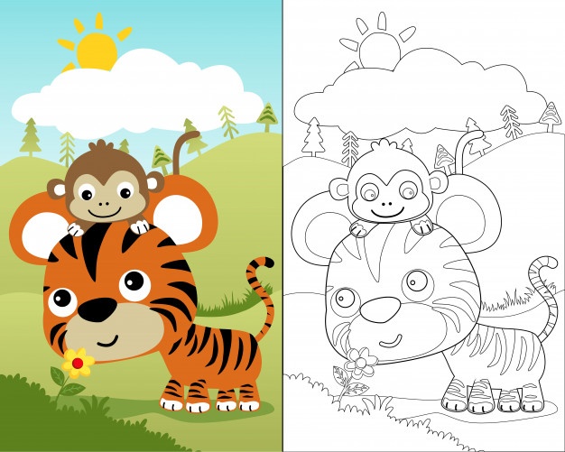 Coloring Book Vector Of Little Tiger With Monkey Vector Premium 626x501 Coloring Book Vector Of Little Tiger With Monkey Vector Premium