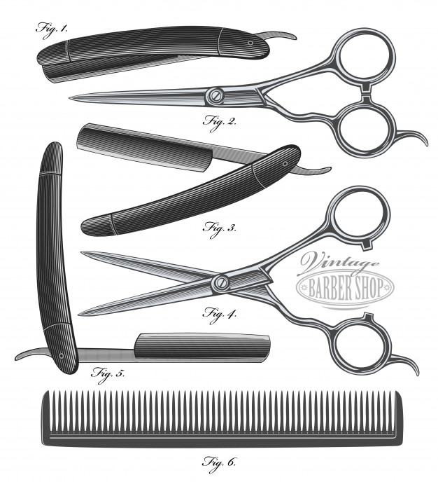 626x688 Comb, Scissors And Razor In Vintage Engraved Style Vector