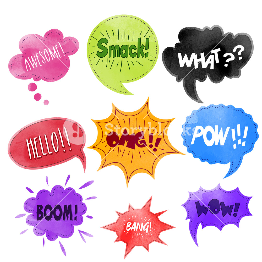 1000x1000 Creative Comic Speech Bubbles Set, Colorful Comic Sound Effects