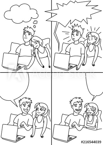 355x500 Boy And Girl Talking In Bed With Laptop Comic Strip Vector Retro