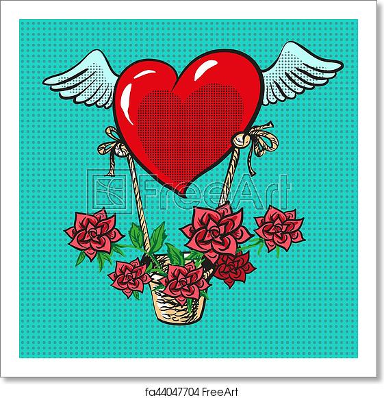 561x581 Free Art Print Of Heart With Wings Flying Roses Basket Pop Art
