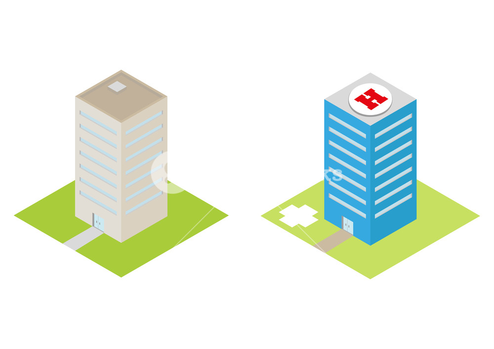 1000x707 Isometric Hospital With A Heliport And Commercial Buildings Vector