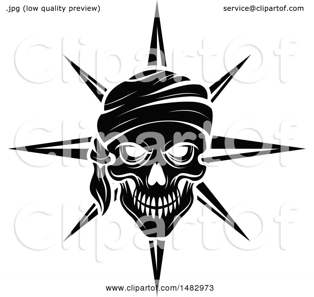 1080x1024 Clipart Of A Black And White Pirate Skull And Compass Star