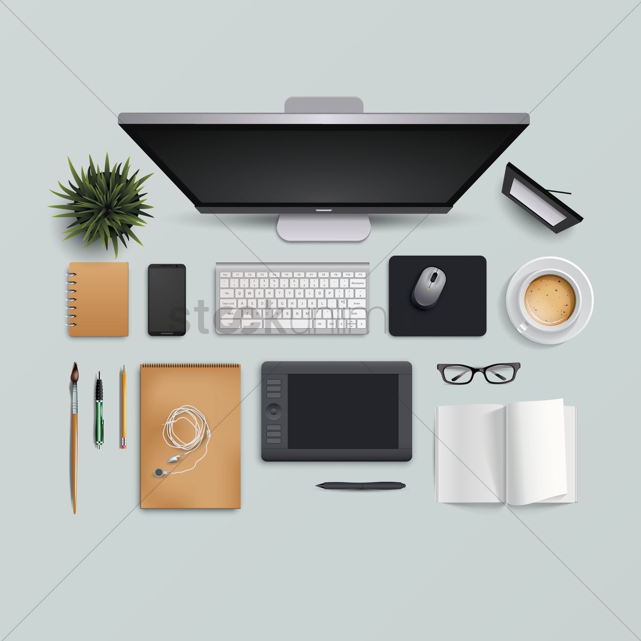 Flatlay Of Computer Desk Vector Image 1300x1300 Flatlay Of Computer Desk Vector Image