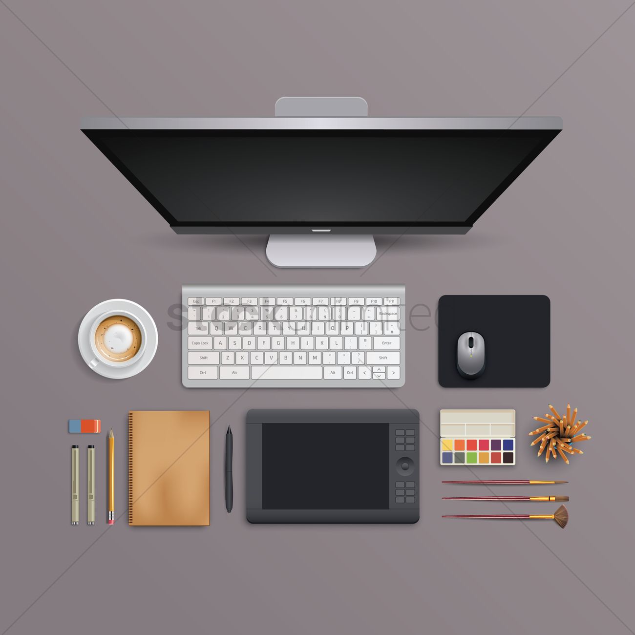 Flatlay Of Computer Desk Vector Image 1300x1300 Flatlay Of Computer Desk Vector Image