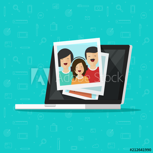 500x500 Photos On Laptop Computer Screen Vector Illustration, Flat Cartoon