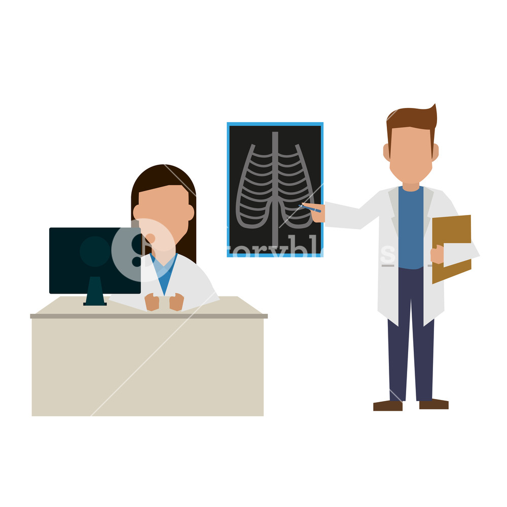 1000x1000 Doctor In Office Checking Xray And Working With Computer Vector