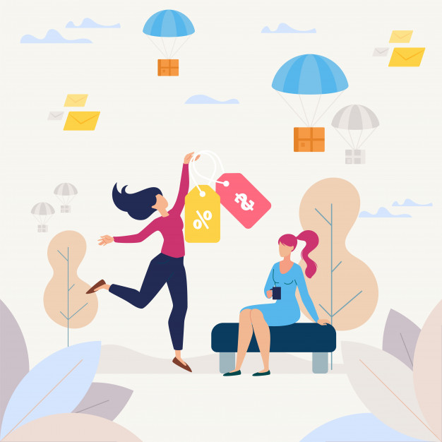 626x626 Felices Compras En Concepto De Vector Plano De Venta De Tienda