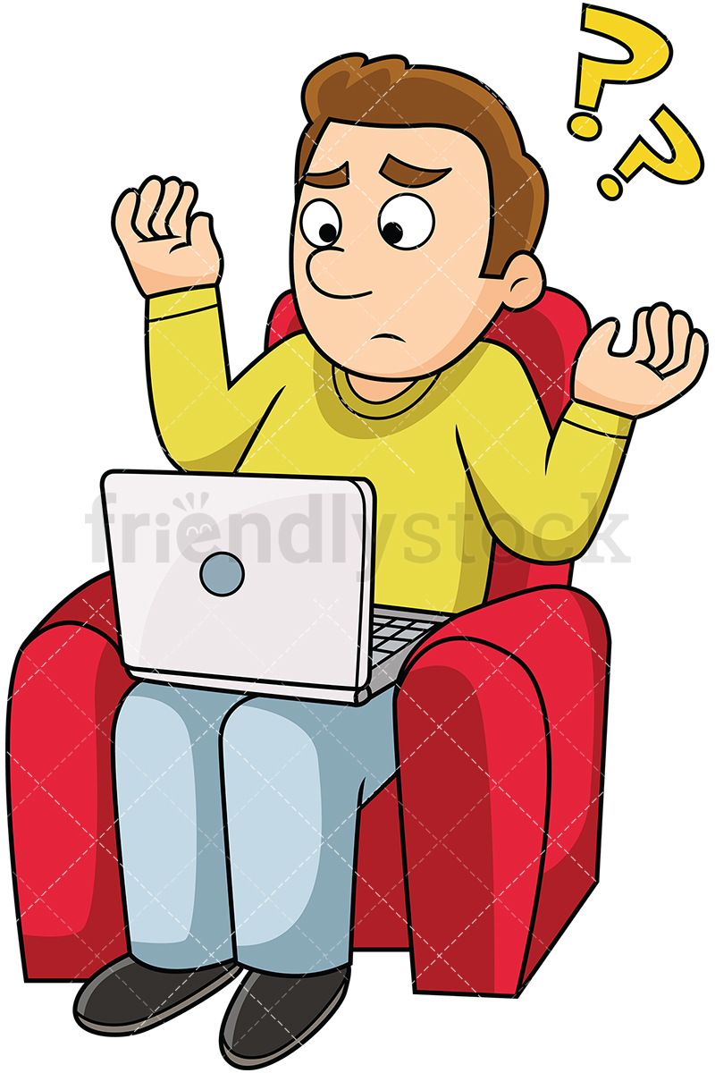 800x1200 Confused Man Using Computer Cartoon Vector Clipart
