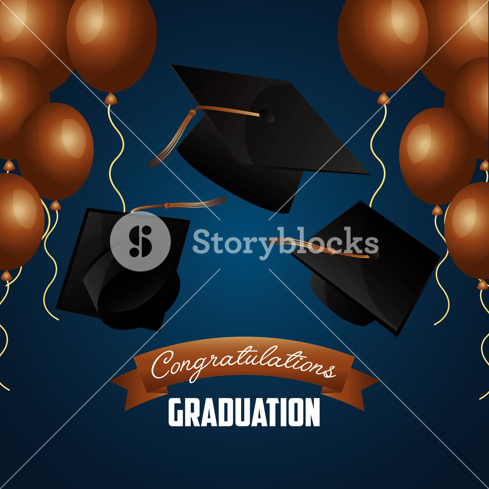 1000x1000 Congratulations Graduation Hats And Brown Balloons Blue Background