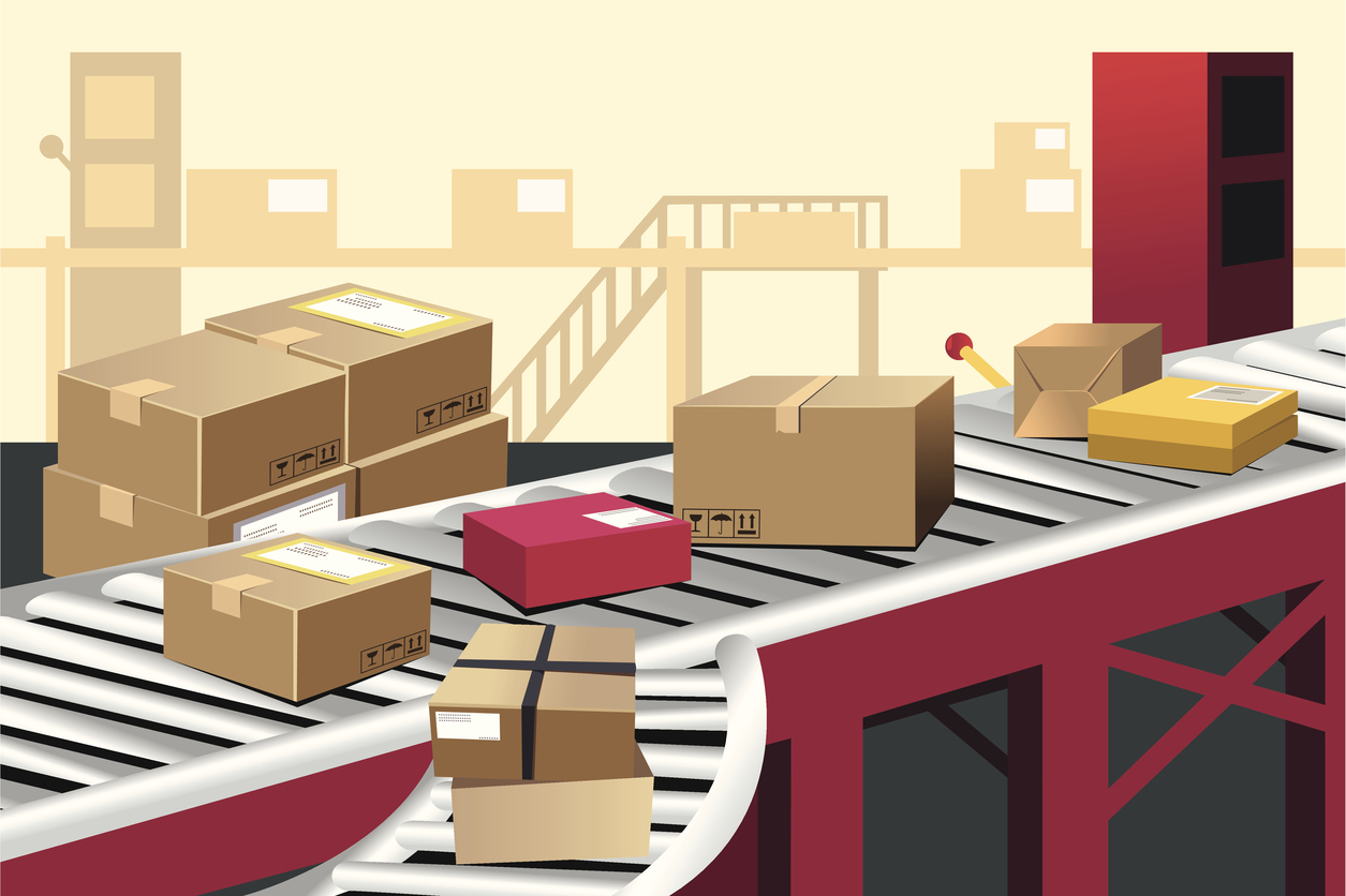 1255x836 Vector Illustration Of Boxes On A Warehouse Conveyor Belt