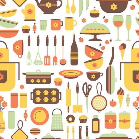 Seamless Pattern Of Kitchen Utensils And Food Cookware, Home 450x450 Seamless Pattern Of Kitchen Utensils And Food Cookware, Home