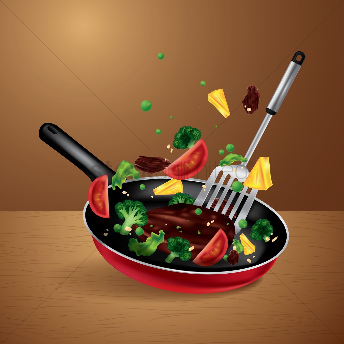 Cooking Vegetable And Meat On A Frying Pan Vector Image 1300x1300 Cooking Vegetable And Meat On A Frying Pan Vector Image