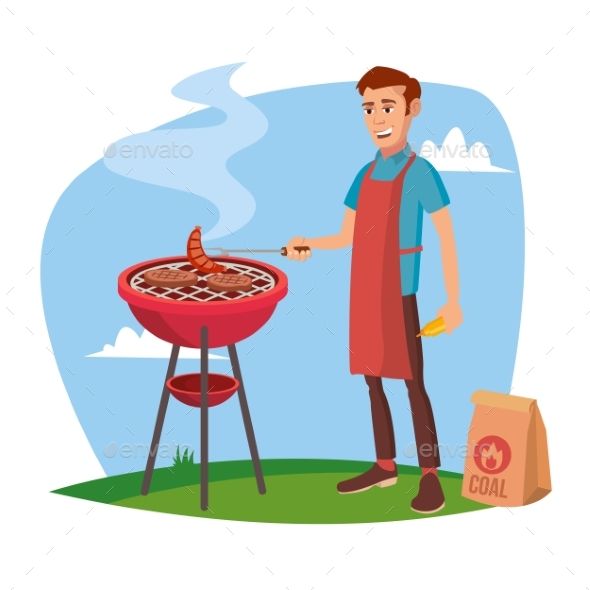 590x590 Bbq Grill Meat Cooking Vector Man Cooking Meat Outdoor Rest