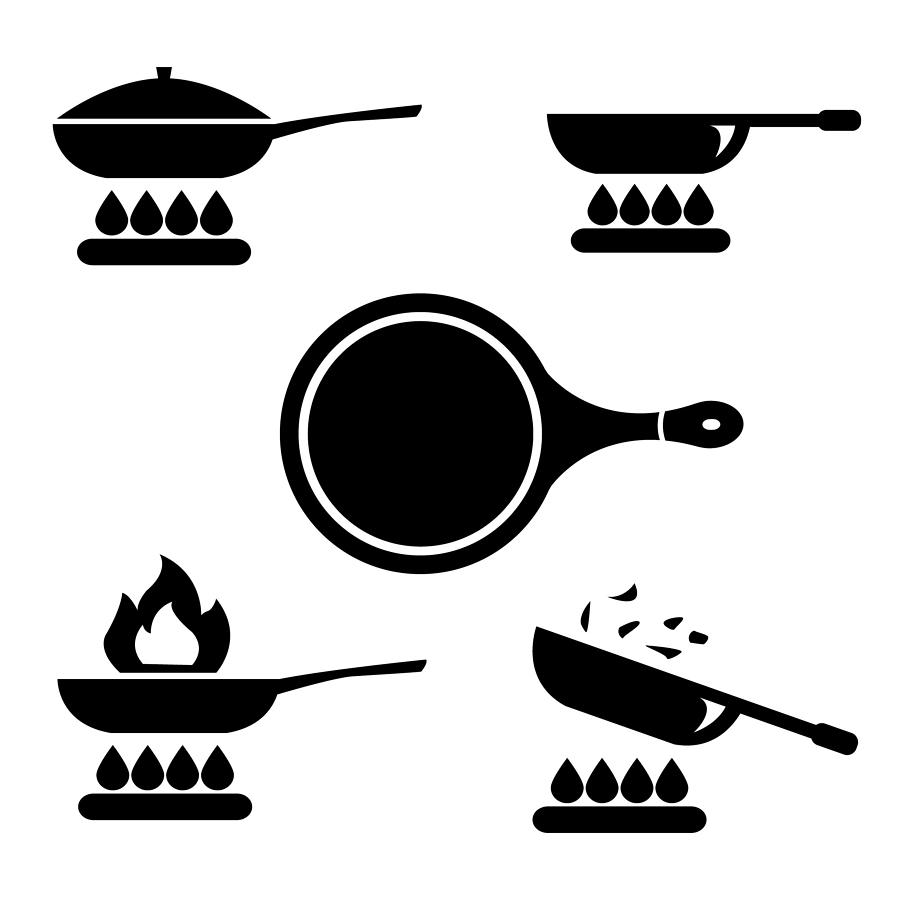 900x900 Frying Pan Or Skillet And Wok On Stove Cooking Vector Icon Set