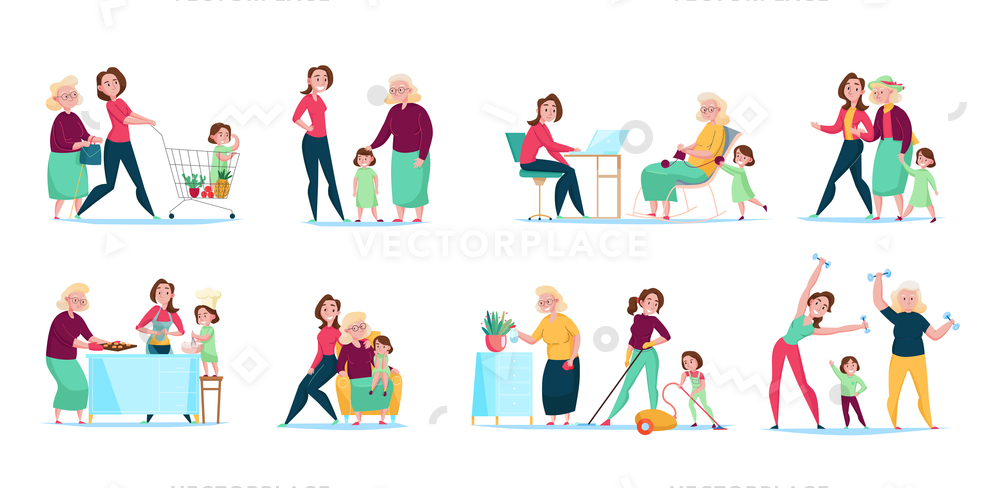1000x488 Three Generations Women Family Daily Routine Vector Illustration