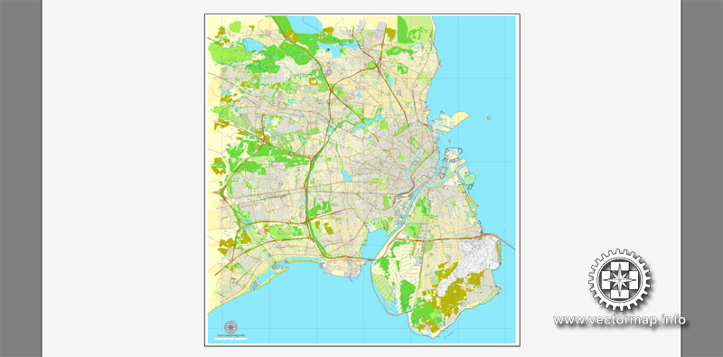 800x395 Copenhagen Denmark, Printable Vector Street City Plan