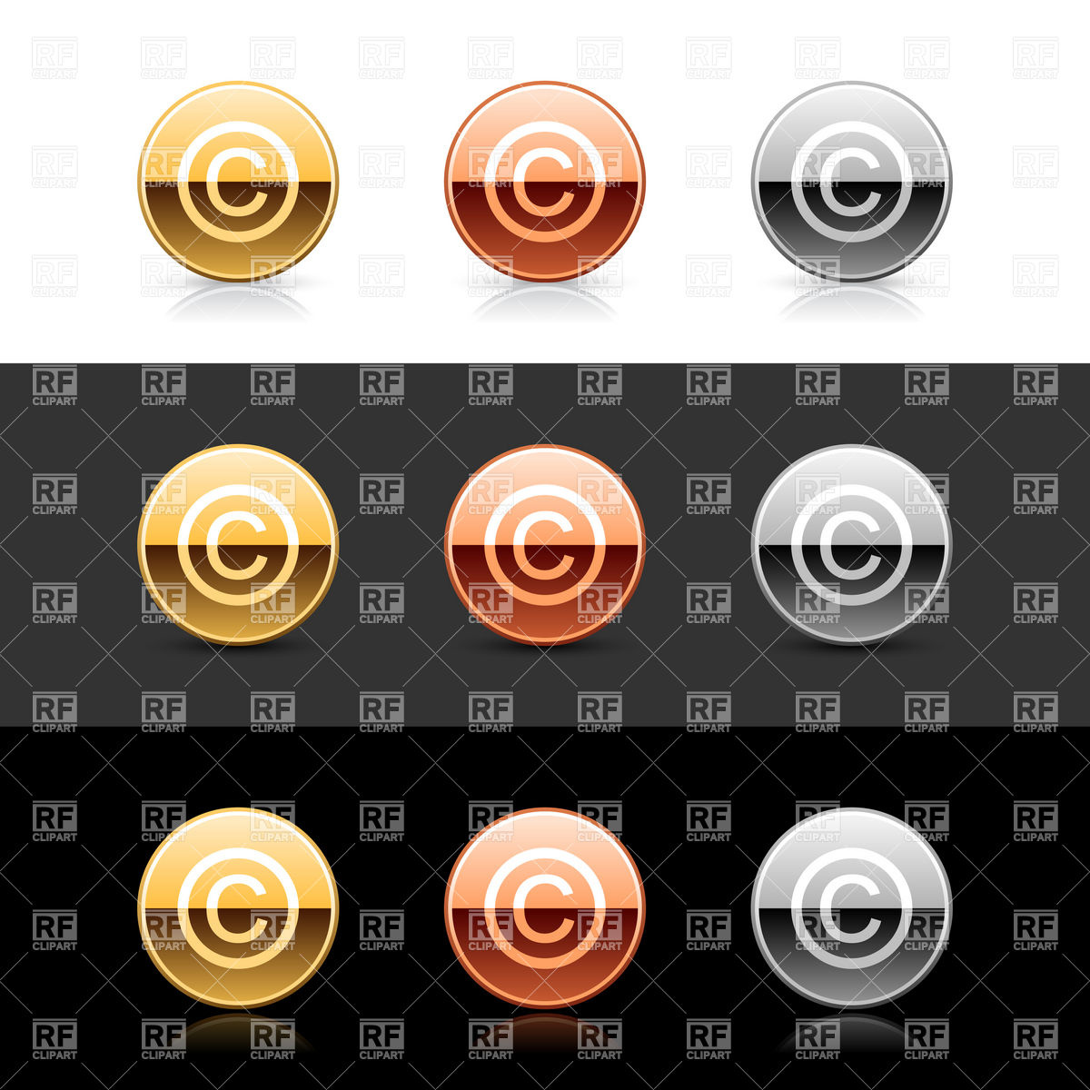 1200x1200 Golden, Silver And Bronze Round Buttons With Copyright Symbol