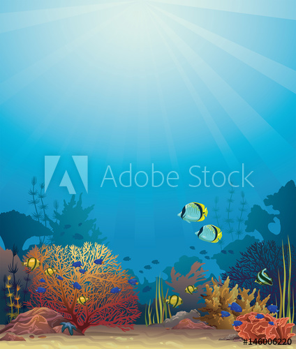 424x500 Coral Reef And Fish Underwater Vector