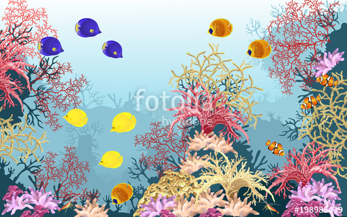 500x313 Sea Underwater World With Coral Reef, Fish And Sponges, Realistic