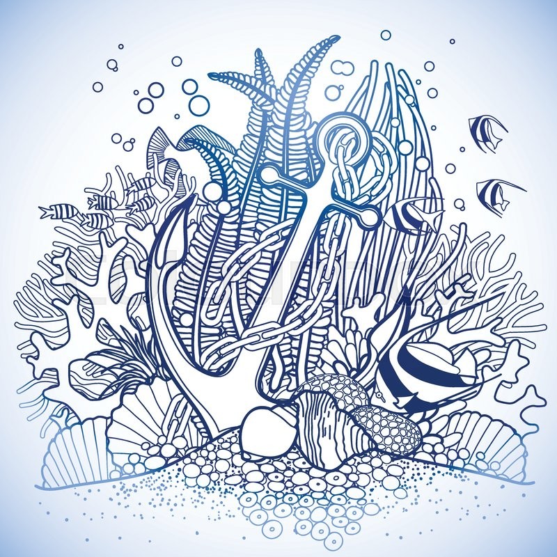 800x800 Anchor And Coral Reef Drawn In Line Stock Vector Colourbox
