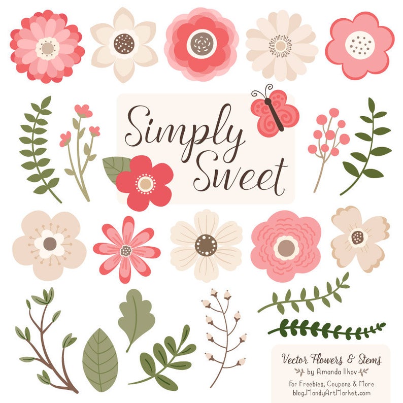 794x794 Cute Flowers Clipart In Coral Coral Vector Flowers Coral Etsy