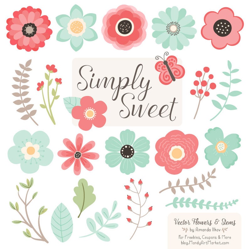 794x794 Cute Flowers Clipart In Mint Coral Mint And Coral Vector Etsy