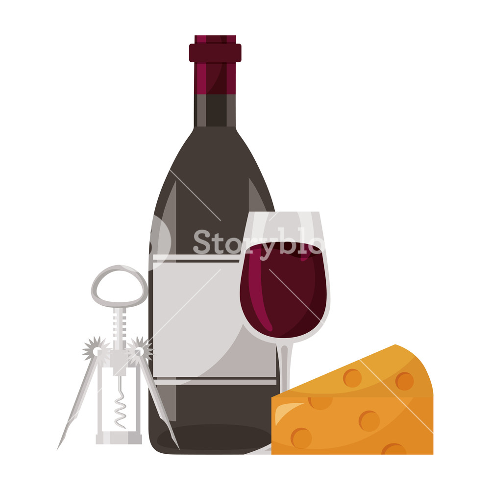 1000x1000 Wine Bottle Cup Cheese And Corkscrew Vector Illustration Royalty