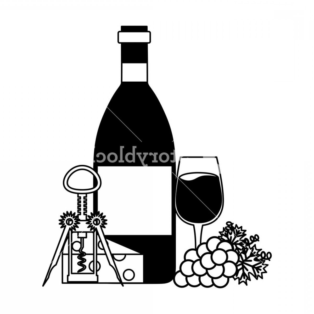 1200x1200 Wine Bottle Cup Grapes Cheese And Corkscrew Vector Illustration