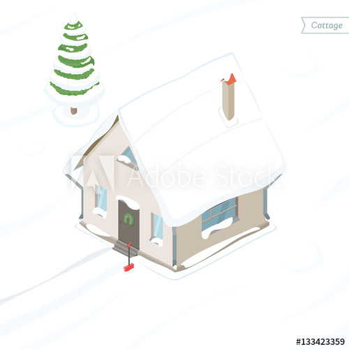 500x500 Country House In Snow Isometric View Snow Covered Fir Tree