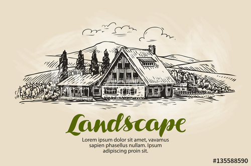 500x332 Rural Landscape Sketch Farm, Country House, Cottage Vector