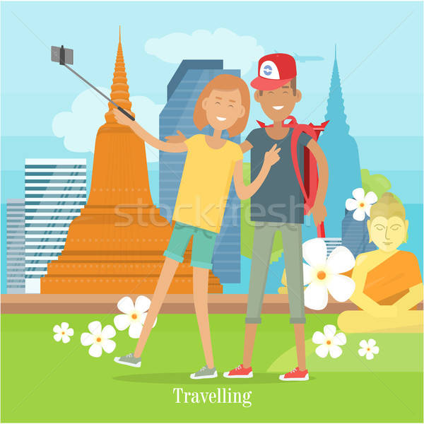 600x600 Couple Makes Selfie In Tropical Country Vector Vector