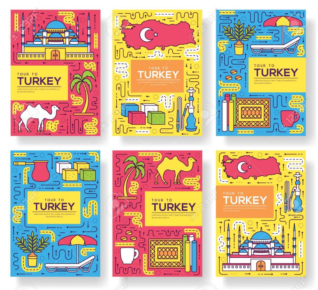 1024x935 Turkey Travel Brochure Country Vector Cards Thin Line Set Template