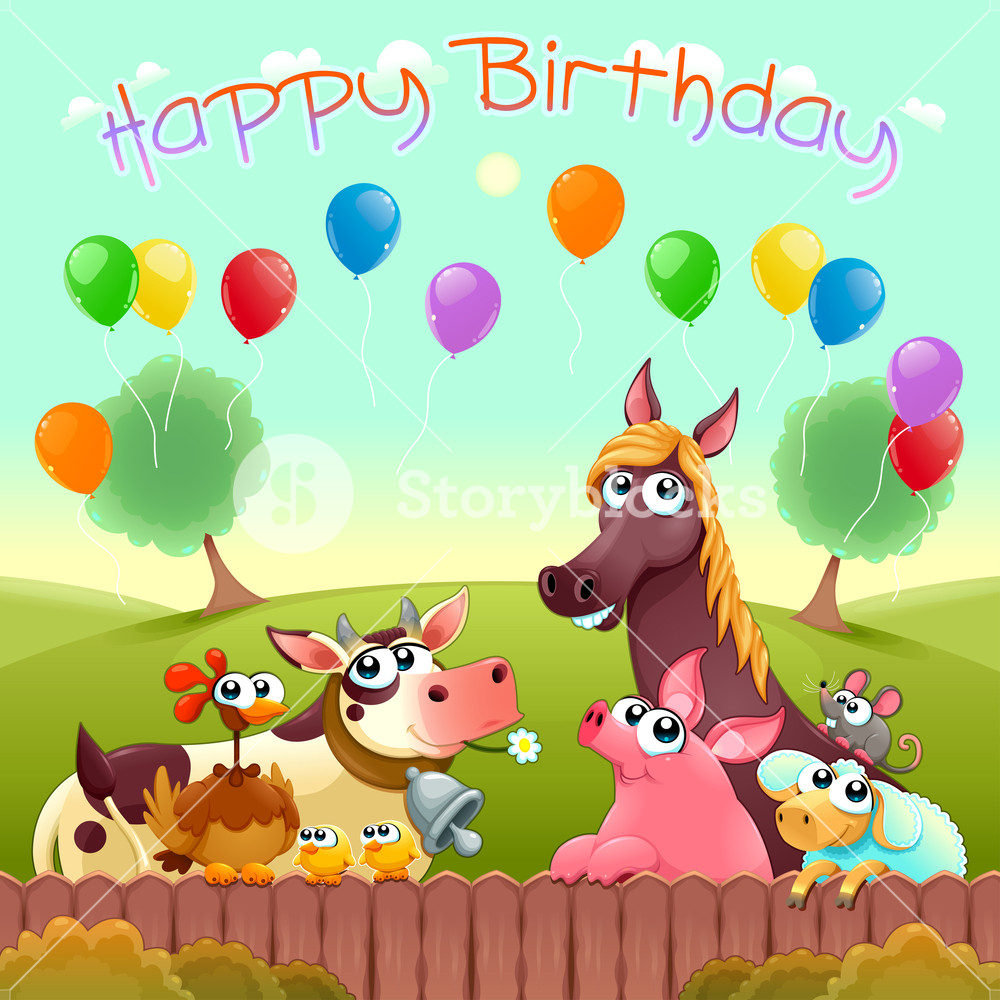 1000x1000 Happy Birthday Card With Cute Farm Animals In The Countryside