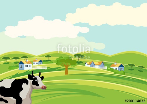 500x353 Concept Countryside Vector View, Farm Houses, Horses And Cows