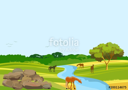 500x351 Wild Nature Countryside Vector Concept View, Horses