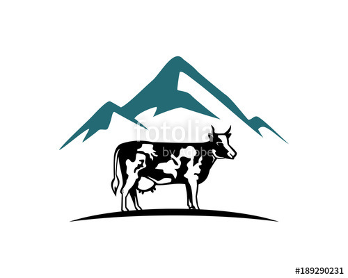 500x400 Blue Mountain And Cow On The Field Illustration Symbol Logo Vector