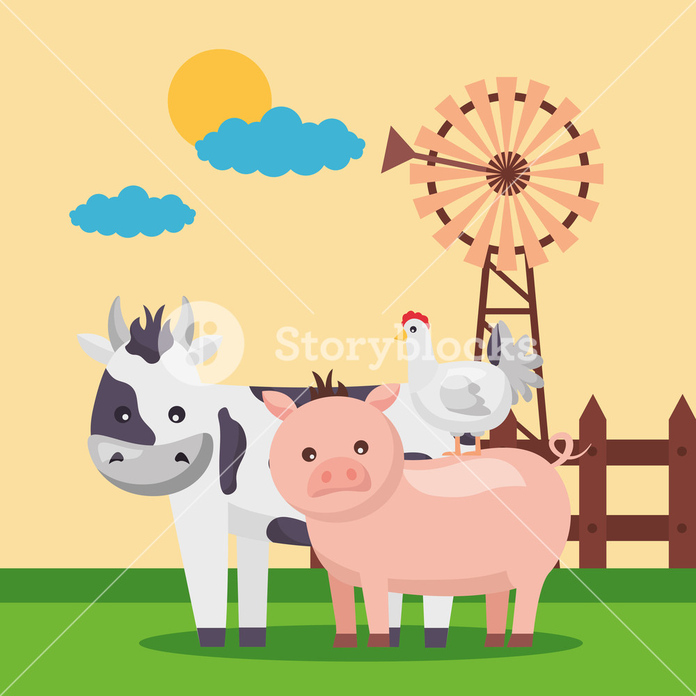 Cow Pig Chicken And Windmill Farm Fresh Cartoon Vector 1000x1000 Cow Pig Chicken And Windmill Farm Fresh Cartoon Vector